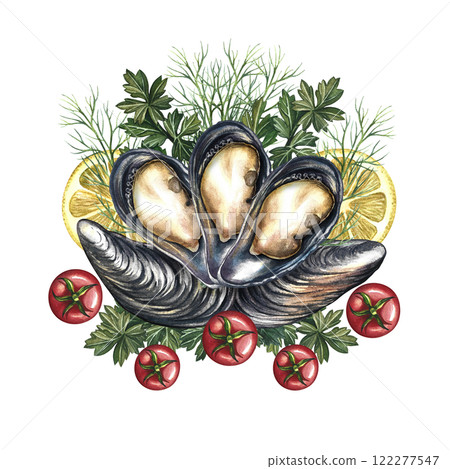 Mussels with lemon, herbs and cherry tomatoes. Handmade watercolor illustration. A color image of a seafood dish. On a white background. Suitable for menus, recipe books, packages, labels and banners. Mussels with lemon, herbs and cherry tomatoes. Handmade watercolor illustration. A color image of a seafood dish. On a white background. Suitable for menus, recipe books, packages, labels and banners. 122277547