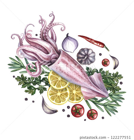 Squid with lemon, herbs and vegetables. Handmade watercolor illustration. A color image of a seafood dish. Separate from the background. Perfect for menus, recipe books, packages, labels, invitations. 122277551