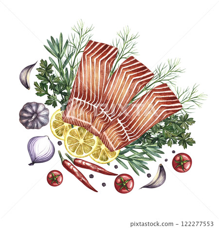 Red fish fillet, sliced, with vegetables. A hand-drawn watercolor illustration. A color image of a fish dish. On a white background. For menus, recipe books, packages, labels, invitations and banners. 122277553