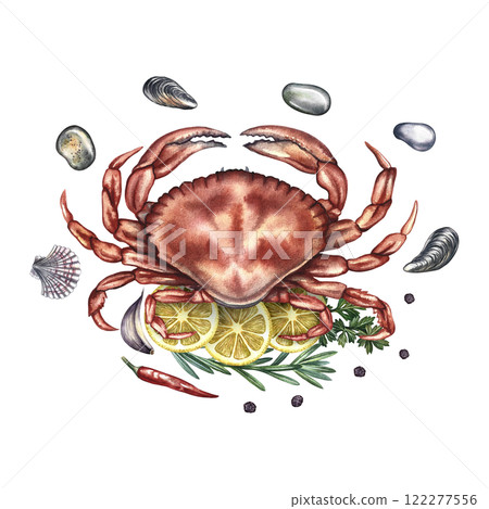 Crab with lemon and herbs surrounded by pebbles and shells. Handmade watercolor illustration. A color image of a seafood dish. Separate from the background. For menus, recipe books, packages, labels. 122277556