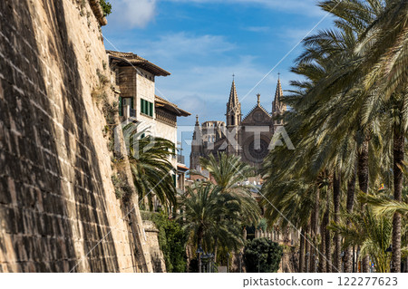 The esplanade Passeig de Sagrera with view to Cathedral of Santa Maria of Palma or La Seu, Palma, Majorca, Mallorca, Balearic Islands, Spain, Europe 122277623