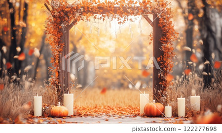 Wedding archway decorated with autumn leaves and pumpkins in a forest clearing 122277698