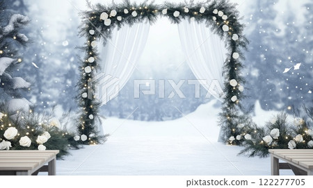 Winter wedding arch decorated with white roses and fairy lights in snowy landscape 122277705