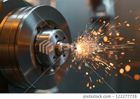 A machine is actively cutting metal, resulting in the production of sparks 122277728