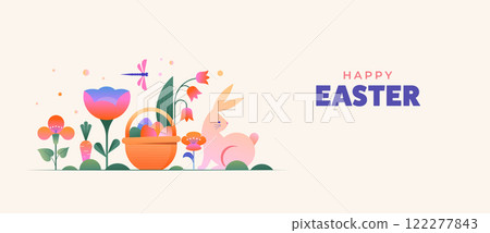 Happy Easter, Modern flat design with flowers, eggs and bunnies, pastel colors 122277843