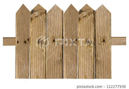 Fragment of a wooden fence made of old boards on an isolated background Fragment of a wooden fence made of old boards on an isolated background 122277936