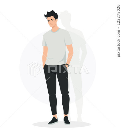 Flat vector illustration of a man in a light gray T-shirt and black pants. Faceless and minimalist, the figure stands in a casual, modern pose. Flat vector illustration of a man in a light gray T-shirt and black pants. Faceless and minimalist, the figure stands in a casual, modern pose. 122278026