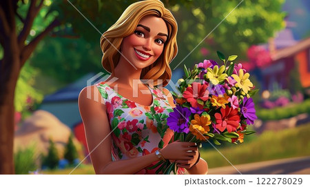 Woman Holding a Bouquet of Flowers Realistic 3D cartoon style illustration. 122278029