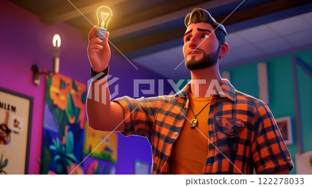 Man Fixing a Light Bulb Realistic 3D cartoon style illustration. 122278033