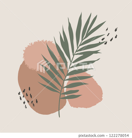 Abstract artwork showcasing a single palm frond overlaying soft peach and beige textures, enhanced with fine black dotted details. 122278054