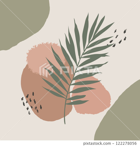 An abstract composition featuring a green palm leaf set against soft green and beige curved shapes with dotted accents, exuding balance and natural beauty. An abstract composition featuring a green palm leaf set against soft green and beige curved shapes with dotted accents, exuding balance and natural beauty. 122278056