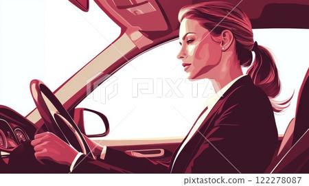 Woman Driving to Work Cinematic contrast modern style illustration. 122278087