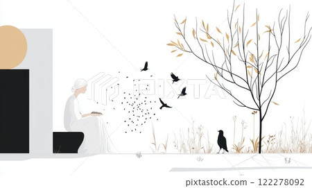 Woman Feeding Birds Cinematic contrast modern style illustration. Woman Feeding Birds Cinematic contrast modern style illustration. 122278092