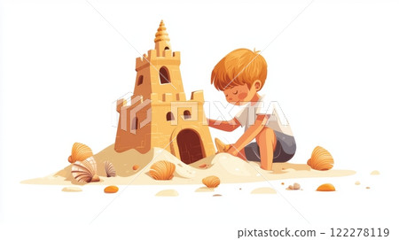 Child Building Sandcastle Cinematic contrast modern style illustration. 122278119