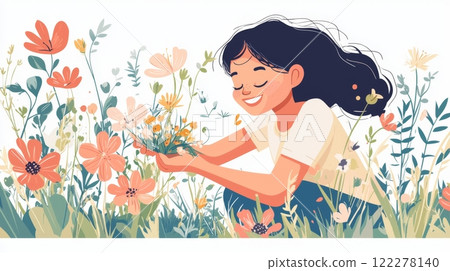 Child Picking Flowers Cinematic contrast modern style illustration. 122278140
