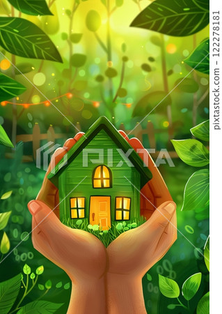 Two hands gently cradle a small illuminated green house model in a lush green environment Two hands gently cradle a small illuminated green house model in a lush green environment 122278181