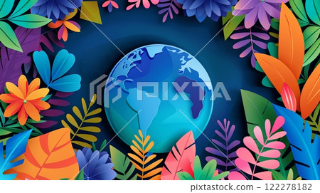 Vibrant World Habitat Conservation Day banner featuring Earth surrounded by colorful foliage and flowers 122278182