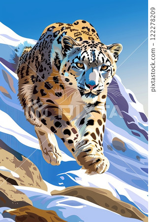 An illustration of a snow leopard leaping down a snowy mountain slope 122278209