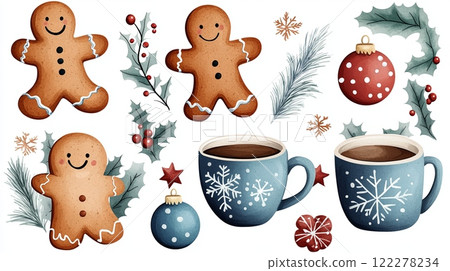 Festive holiday illustration featuring gingerbread cookies, holly, Christmas ornaments, and mugs of hot chocolate Festive holiday illustration featuring gingerbread cookies, holly, Christmas ornaments, and mugs of hot chocolate 122278234