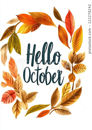 Hello October text framed by a wreath of watercolor autumn leaves in warm tones 122278242