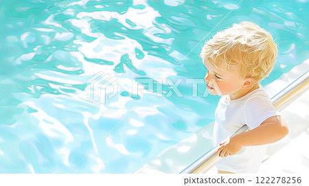 A young child nervously holds a handrail by a calm pool, hesitant to swim 122278256