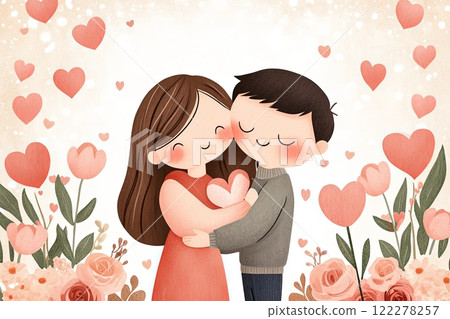 Cute cartoon couple embracing surrounded by hearts and pink roses. 122278257