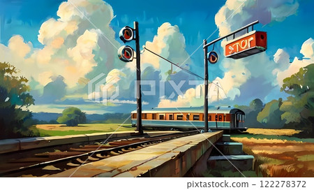 Game background: Retro rural city platform view and train 122278372