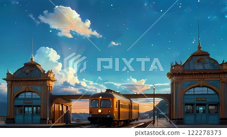 Game background: Retro rural city platform view and train at dusk Game background: Retro rural city platform view and train at dusk 122278373