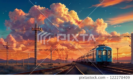 Game background: Wallpaper of a retro train running through the wilderness at dusk 122278409