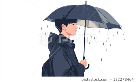Man Walking in Rain with Umbrella Cinematic contrast modern style illustration. 122278464