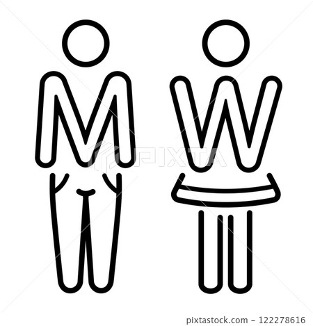 Man woman toilet restroom, male female public WC lavatory sign, boy and girl gender couple, washroom door signage line icon. Lady, gentleman person figure. Hygiene bathroom, water closet room vector 122278616