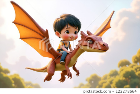 Boy rides a friendly dragon through a magical landscape under a bright sky Boy rides a friendly dragon through a magical landscape under a bright sky 122278664