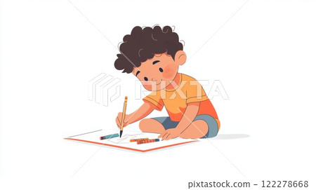 Child Drawing with Crayons Cinematic contrast modern style illustration. 122278668