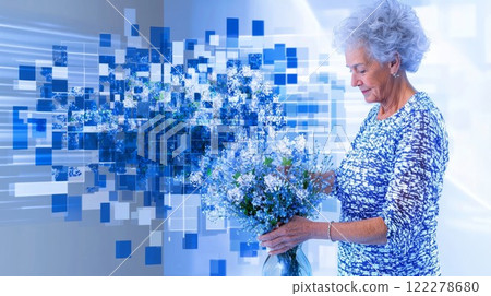 Elderly Woman Arranging Flowers Futuristic high-tech modern style illustration. 122278680