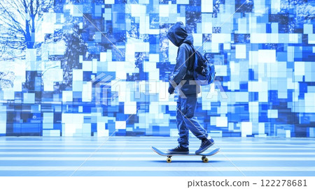 Teen Riding Skateboard Futuristic high-tech modern style illustration. 122278681
