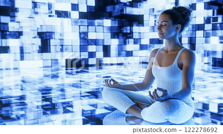 Woman Practicing Meditation Futuristic high-tech modern style illustration. 122278692