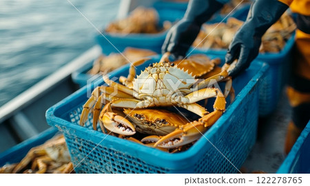 Experience the vibrant scene of freshly caught crabs from boats at sea, showcasing the bounty of nature 122278765