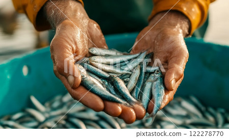 Hands of fisherman holding fish, 122278770