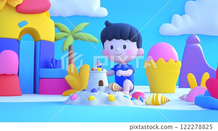Child Building Sandcastle Playful 3D cartoon style illustration. 122278825