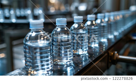 The process of Bottled Water Production takes place on a Conveyor Belt within a modern Factory setting 122278826