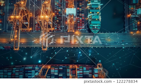 This Aerial View Showcases a Busy and Vibrant Container Port at Night, Highlighting Numerous Ships and Cranes in Action 122278834