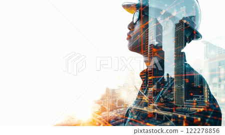 Double Exposure Art A Construction Worker Silhouetted Against the Complex Backdrop of Urban Architecture 122278856
