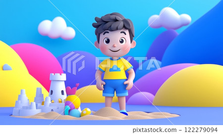 Child Playing in Sandbox Playful 3D cartoon style illustration. 122279094