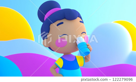 Woman Drinking Water Playful 3D cartoon style illustration. 122279096