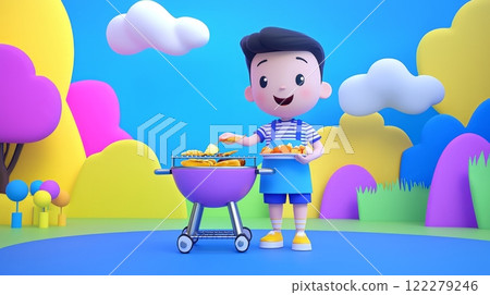 Man Grilling Food Playful 3D cartoon style illustration. 122279246