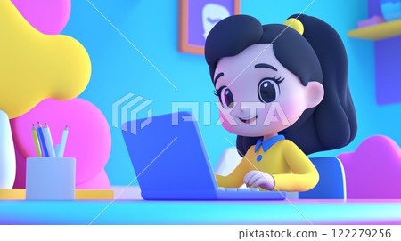Woman Typing on a Laptop Playful 3D cartoon style illustration. 122279256
