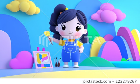 Girl Painting a Picture Playful 3D cartoon style illustration. Girl Painting a Picture Playful 3D cartoon style illustration. 122279267