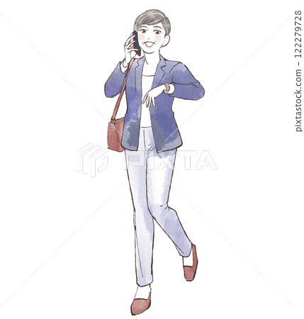 一位工作的中年婦女打電話的全身插圖 122279728