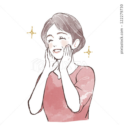 一個幸福的女人，手放在臉頰上 122279730