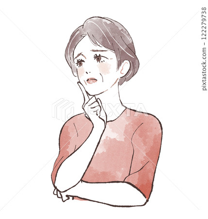 一個憂心忡忡的女人，食指放在臉頰上 122279738